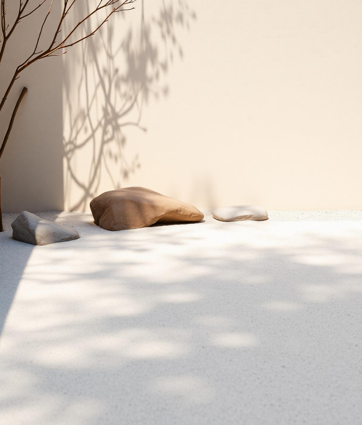 A peaceful minimalist zen garden with soft shadows and neutral tones